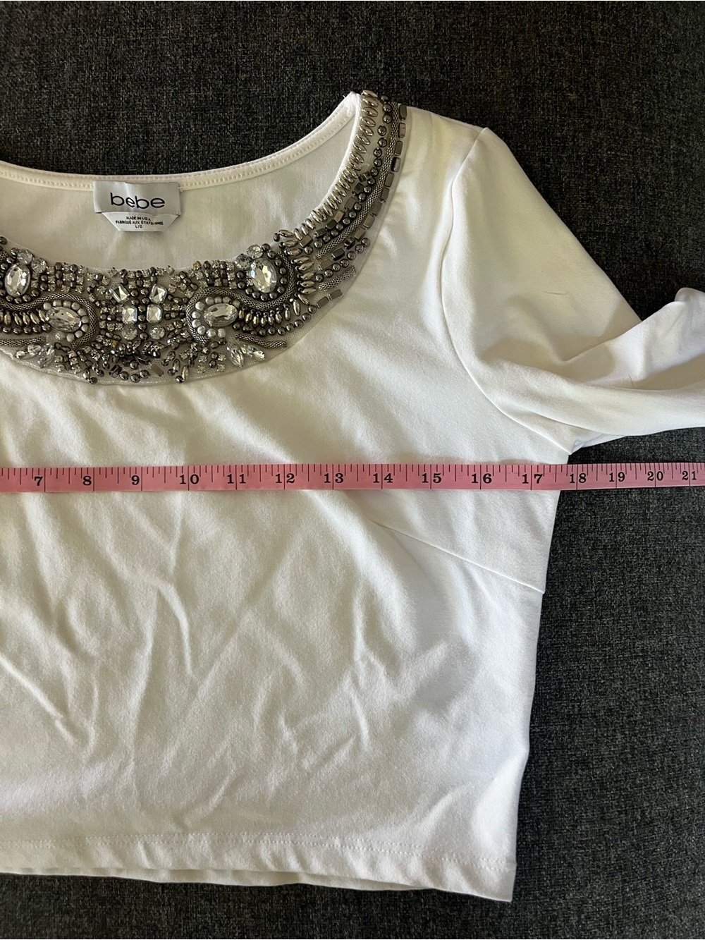 bebe White Long Sleeve Top with Beaded Jeweled Collar - Picture 4 of 6